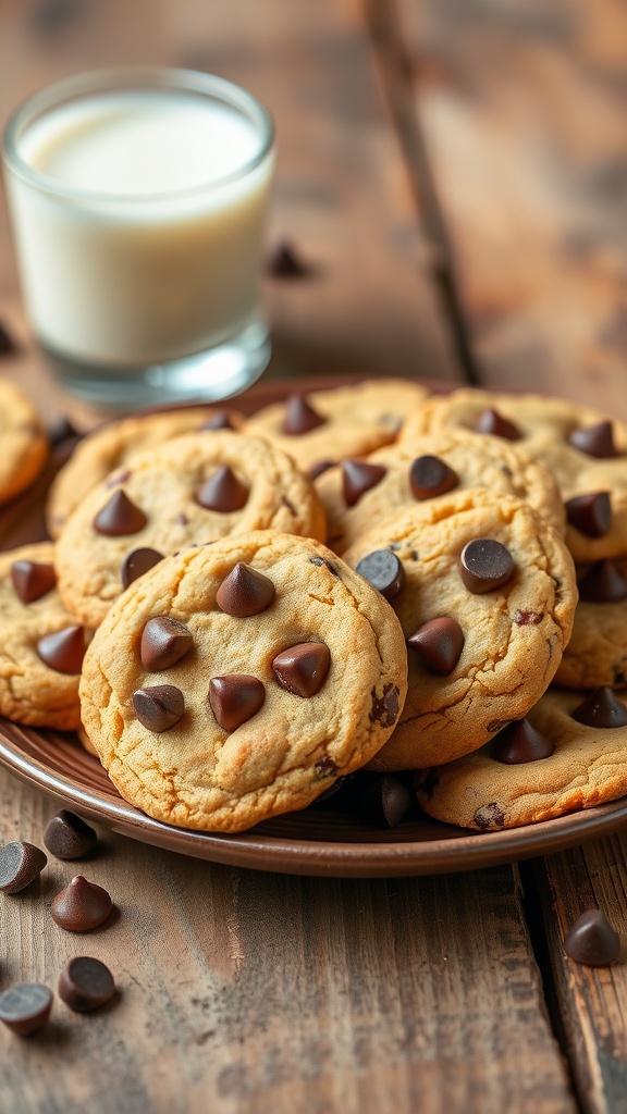 A plate of chocolate chip cookies with a glass of milk on a wooden table, under soft natural light.